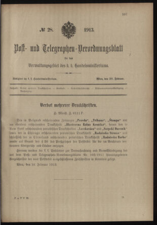 Post- und Telegraphen-Verordnungsblatt für das Verwaltungsgebiet des K.-K. Handelsministeriums 19130220 Seite: 1