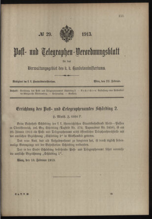 Post- und Telegraphen-Verordnungsblatt für das Verwaltungsgebiet des K.-K. Handelsministeriums 19130222 Seite: 1