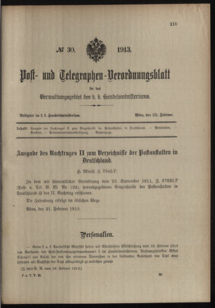 Post- und Telegraphen-Verordnungsblatt für das Verwaltungsgebiet des K.-K. Handelsministeriums 19130225 Seite: 1