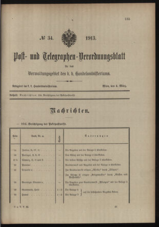 Post- und Telegraphen-Verordnungsblatt für das Verwaltungsgebiet des K.-K. Handelsministeriums 19130304 Seite: 1