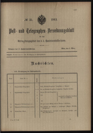 Post- und Telegraphen-Verordnungsblatt für das Verwaltungsgebiet des K.-K. Handelsministeriums 19130306 Seite: 1