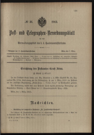 Post- und Telegraphen-Verordnungsblatt für das Verwaltungsgebiet des K.-K. Handelsministeriums 19130307 Seite: 1