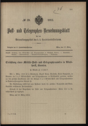 Post- und Telegraphen-Verordnungsblatt für das Verwaltungsgebiet des K.-K. Handelsministeriums 19130317 Seite: 1