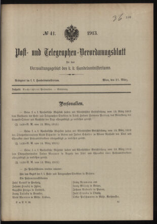 Post- und Telegraphen-Verordnungsblatt für das Verwaltungsgebiet des K.-K. Handelsministeriums 19130321 Seite: 1