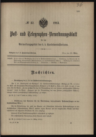 Post- und Telegraphen-Verordnungsblatt für das Verwaltungsgebiet des K.-K. Handelsministeriums 19130329 Seite: 1