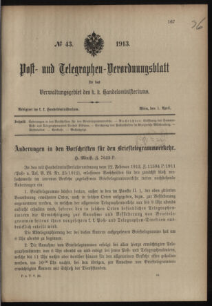 Post- und Telegraphen-Verordnungsblatt für das Verwaltungsgebiet des K.-K. Handelsministeriums 19130401 Seite: 1