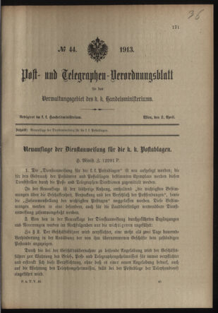 Post- und Telegraphen-Verordnungsblatt für das Verwaltungsgebiet des K.-K. Handelsministeriums 19130402 Seite: 1