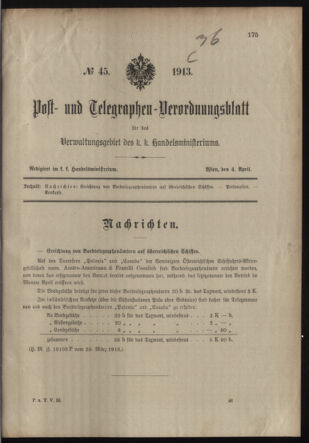 Post- und Telegraphen-Verordnungsblatt für das Verwaltungsgebiet des K.-K. Handelsministeriums 19130404 Seite: 1