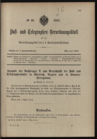 Post- und Telegraphen-Verordnungsblatt für das Verwaltungsgebiet des K.-K. Handelsministeriums 19130405 Seite: 1