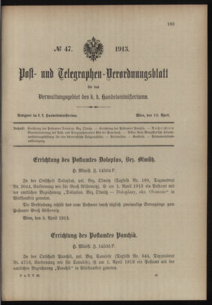 Post- und Telegraphen-Verordnungsblatt für das Verwaltungsgebiet des K.-K. Handelsministeriums 19130410 Seite: 1