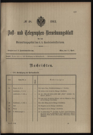 Post- und Telegraphen-Verordnungsblatt für das Verwaltungsgebiet des K.-K. Handelsministeriums 19130411 Seite: 1