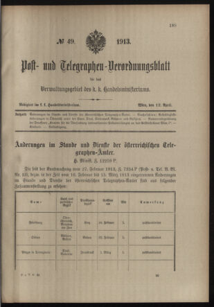 Post- und Telegraphen-Verordnungsblatt für das Verwaltungsgebiet des K.-K. Handelsministeriums 19130412 Seite: 1