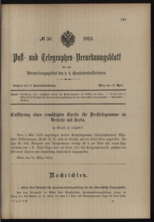 Post- und Telegraphen-Verordnungsblatt für das Verwaltungsgebiet des K.-K. Handelsministeriums 19130415 Seite: 1