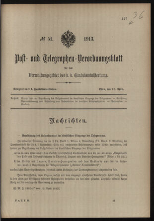 Post- und Telegraphen-Verordnungsblatt für das Verwaltungsgebiet des K.-K. Handelsministeriums 19130416 Seite: 1