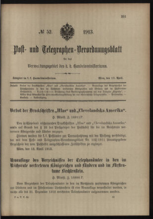 Post- und Telegraphen-Verordnungsblatt für das Verwaltungsgebiet des K.-K. Handelsministeriums 19130419 Seite: 1