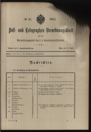 Post- und Telegraphen-Verordnungsblatt für das Verwaltungsgebiet des K.-K. Handelsministeriums 19130426 Seite: 1