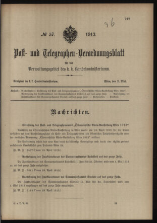 Post- und Telegraphen-Verordnungsblatt für das Verwaltungsgebiet des K.-K. Handelsministeriums 19130502 Seite: 1