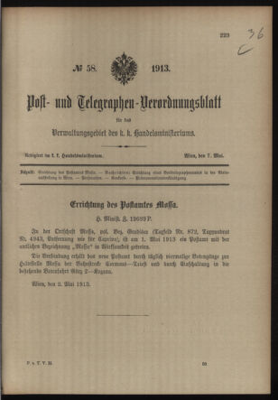 Post- und Telegraphen-Verordnungsblatt für das Verwaltungsgebiet des K.-K. Handelsministeriums 19130507 Seite: 1