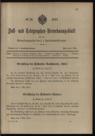 Post- und Telegraphen-Verordnungsblatt für das Verwaltungsgebiet des K.-K. Handelsministeriums 19130509 Seite: 1