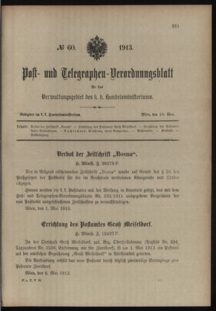 Post- und Telegraphen-Verordnungsblatt für das Verwaltungsgebiet des K.-K. Handelsministeriums 19130510 Seite: 1