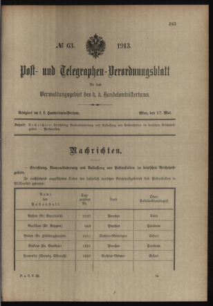 Post- und Telegraphen-Verordnungsblatt für das Verwaltungsgebiet des K.-K. Handelsministeriums 19130517 Seite: 1