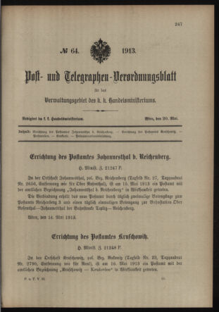 Post- und Telegraphen-Verordnungsblatt für das Verwaltungsgebiet des K.-K. Handelsministeriums 19130520 Seite: 1