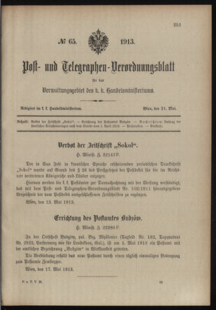 Post- und Telegraphen-Verordnungsblatt für das Verwaltungsgebiet des K.-K. Handelsministeriums 19130521 Seite: 1