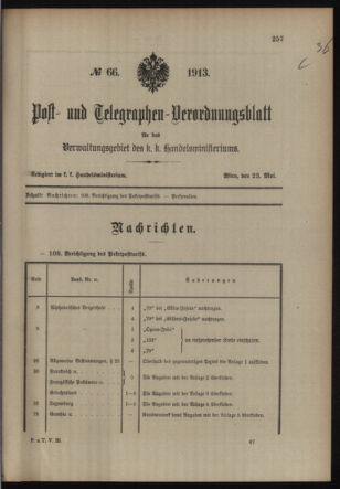 Post- und Telegraphen-Verordnungsblatt für das Verwaltungsgebiet des K.-K. Handelsministeriums 19130523 Seite: 1