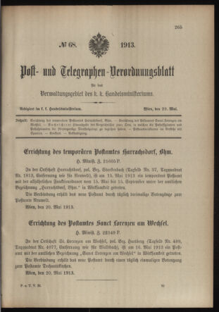 Post- und Telegraphen-Verordnungsblatt für das Verwaltungsgebiet des K.-K. Handelsministeriums 19130529 Seite: 1