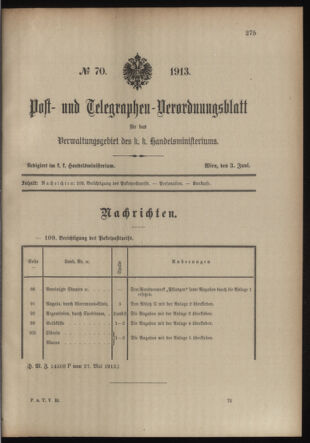 Post- und Telegraphen-Verordnungsblatt für das Verwaltungsgebiet des K.-K. Handelsministeriums 19130603 Seite: 1