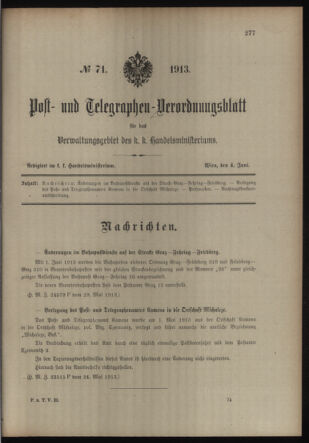 Post- und Telegraphen-Verordnungsblatt für das Verwaltungsgebiet des K.-K. Handelsministeriums 19130604 Seite: 1