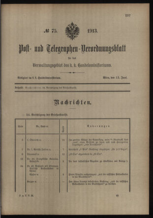 Post- und Telegraphen-Verordnungsblatt für das Verwaltungsgebiet des K.-K. Handelsministeriums 19130612 Seite: 1