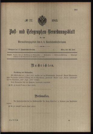 Post- und Telegraphen-Verordnungsblatt für das Verwaltungsgebiet des K.-K. Handelsministeriums 19130614 Seite: 1