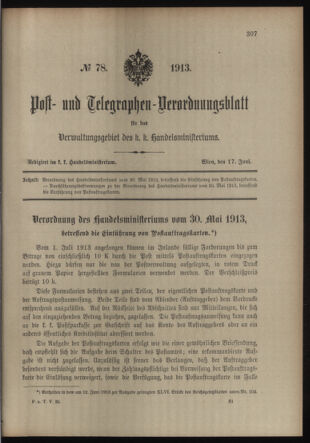 Post- und Telegraphen-Verordnungsblatt für das Verwaltungsgebiet des K.-K. Handelsministeriums 19130617 Seite: 1