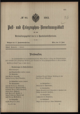 Post- und Telegraphen-Verordnungsblatt für das Verwaltungsgebiet des K.-K. Handelsministeriums 19130619 Seite: 1