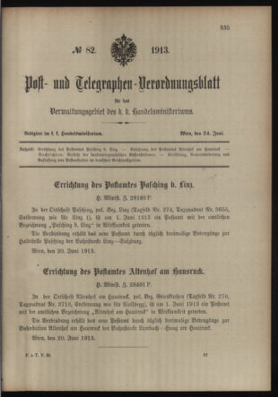 Post- und Telegraphen-Verordnungsblatt für das Verwaltungsgebiet des K.-K. Handelsministeriums 19130624 Seite: 1