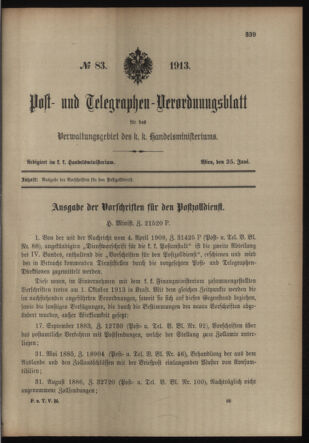 Post- und Telegraphen-Verordnungsblatt für das Verwaltungsgebiet des K.-K. Handelsministeriums 19130625 Seite: 1