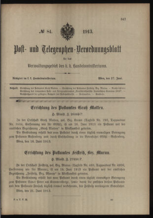 Post- und Telegraphen-Verordnungsblatt für das Verwaltungsgebiet des K.-K. Handelsministeriums 19130627 Seite: 1