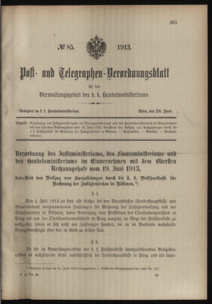 Post- und Telegraphen-Verordnungsblatt für das Verwaltungsgebiet des K.-K. Handelsministeriums 19130628 Seite: 1