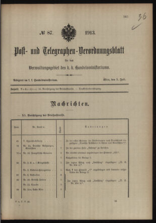 Post- und Telegraphen-Verordnungsblatt für das Verwaltungsgebiet des K.-K. Handelsministeriums 19130705 Seite: 1