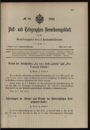 Post- und Telegraphen-Verordnungsblatt für das Verwaltungsgebiet des K.-K. Handelsministeriums 19130709 Seite: 1