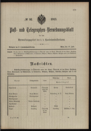 Post- und Telegraphen-Verordnungsblatt für das Verwaltungsgebiet des K.-K. Handelsministeriums 19130716 Seite: 1