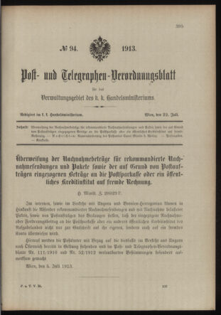 Post- und Telegraphen-Verordnungsblatt für das Verwaltungsgebiet des K.-K. Handelsministeriums 19130722 Seite: 1