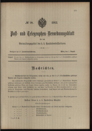 Post- und Telegraphen-Verordnungsblatt für das Verwaltungsgebiet des K.-K. Handelsministeriums 19130801 Seite: 1