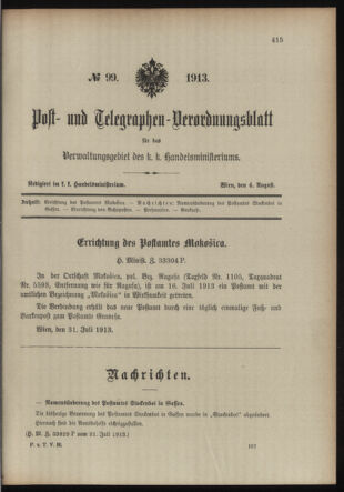 Post- und Telegraphen-Verordnungsblatt für das Verwaltungsgebiet des K.-K. Handelsministeriums 19130804 Seite: 1