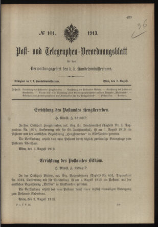 Post- und Telegraphen-Verordnungsblatt für das Verwaltungsgebiet des K.-K. Handelsministeriums 19130809 Seite: 1