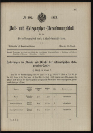 Post- und Telegraphen-Verordnungsblatt für das Verwaltungsgebiet des K.-K. Handelsministeriums 19130812 Seite: 1