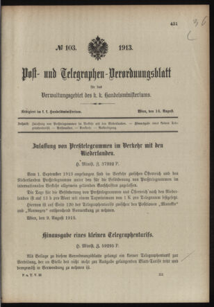 Post- und Telegraphen-Verordnungsblatt für das Verwaltungsgebiet des K.-K. Handelsministeriums 19130816 Seite: 1