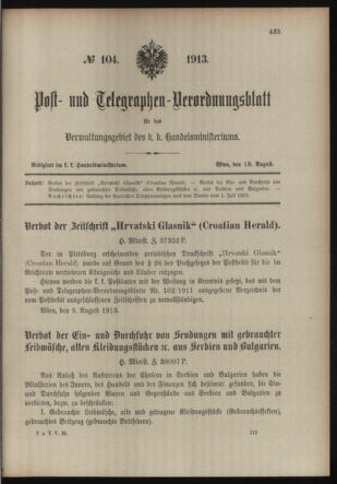 Post- und Telegraphen-Verordnungsblatt für das Verwaltungsgebiet des K.-K. Handelsministeriums 19130818 Seite: 1