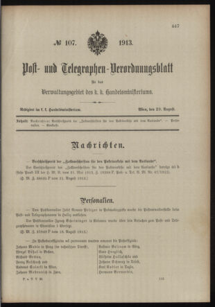 Post- und Telegraphen-Verordnungsblatt für das Verwaltungsgebiet des K.-K. Handelsministeriums 19130829 Seite: 1